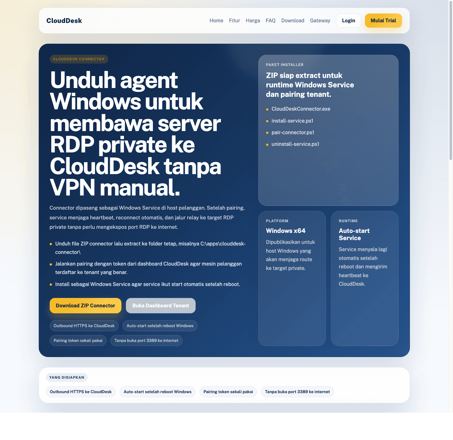 Halaman unduh connector CloudDesk untuk instalasi di server pelanggan