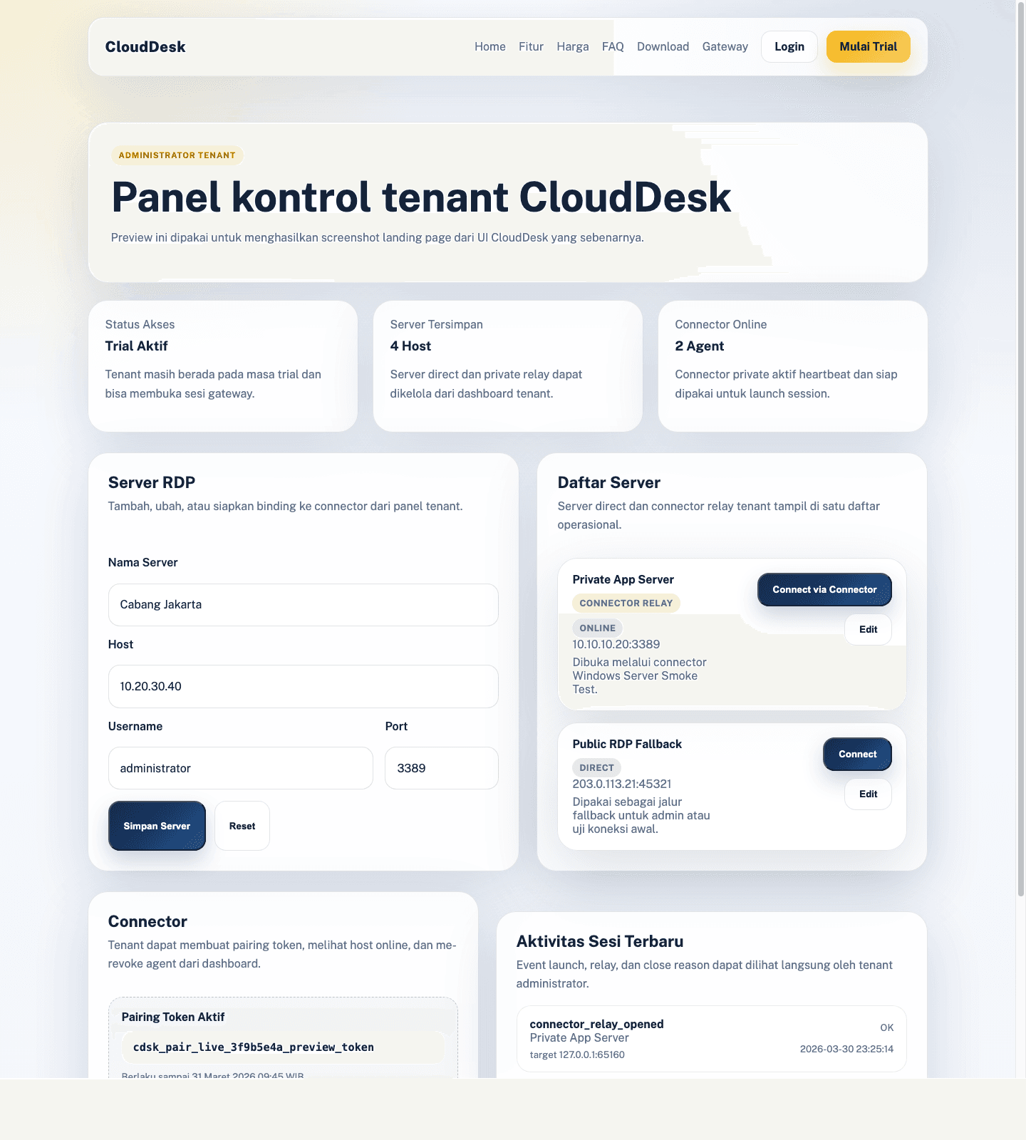 Dashboard organisasi CloudDesk dengan daftar server dan tombol koneksi